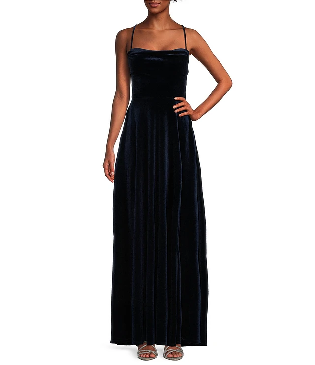 B. Darlin Spaghetti Strap Lace Up Back Stretch Velvet Dress | Liberty Center