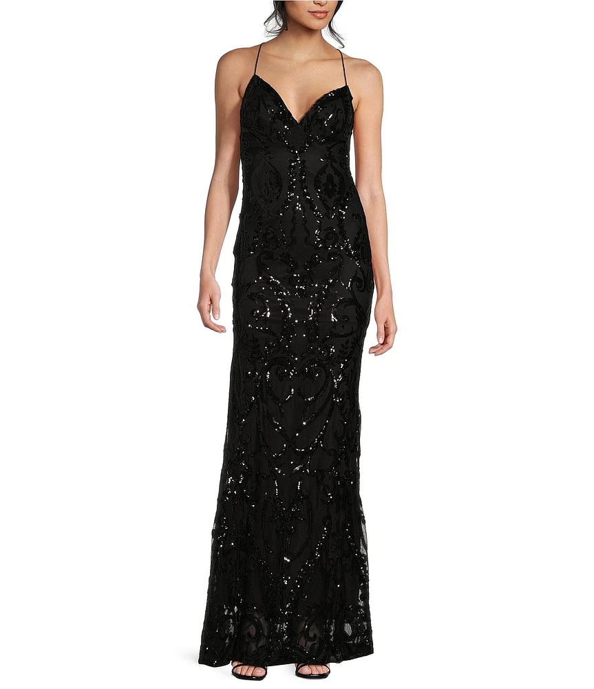 B. Darlin Spaghetti Strap Placement Sequin Long Dress