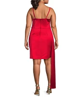 B. Darlin Plus Spaghetti Strap Scoop Neck Satin Side Tail Pleated Bodycon Dress