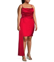 B. Darlin Plus Spaghetti Strap Scoop Neck Satin Side Tail Pleated Bodycon Dress