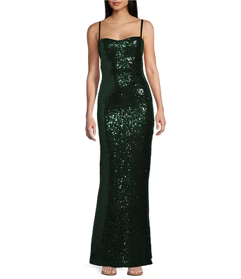 B. Darlin Spaghetti Strap Sleeveless Sequin Sweetheart Long Dress