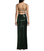 B. Darlin Spaghetti Strap Sleeveless Sequin Sweetheart Long Dress