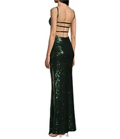 B. Darlin Spaghetti Strap Sleeveless Sequin Sweetheart Long Dress