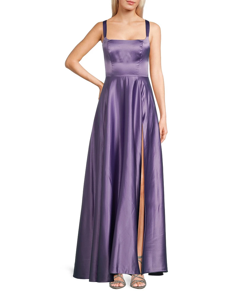 B. Darlin Square Neck Dull Charmeuse Long Dress