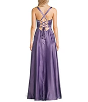 B. Darlin Square Neck Dull Charmeuse Long Dress