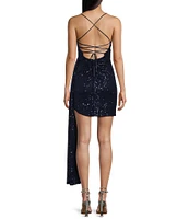 B. Darlin Spaghetti Strap Surplus Side Bow Sequin Lace-Up Back Dress