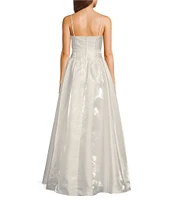 B. Darlin Straight Neck Spaghetti Strap Ladder Lace Drop Waist Front Slit Dress