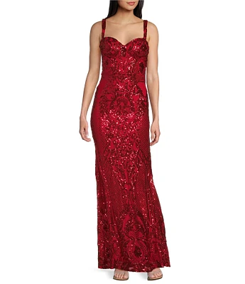 B. Darlin Sweetheart Bustier Placement Sequin Long Dress