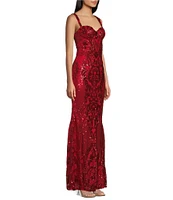 B. Darlin Sweetheart Bustier Placement Sequin Long Dress