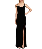 B. Darlin Sweetheart Neckline Spaghetti Strap Velvet Long Dress