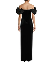 B. Darlin Taffeta Off-The-Shoulder Bow Trim Side Slit Long Dress