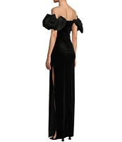 B. Darlin Taffeta Off-The-Shoulder Bow Trim Side Slit Long Dress