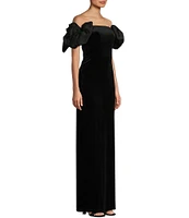 B. Darlin Taffeta Off-The-Shoulder Bow Trim Side Slit Long Dress