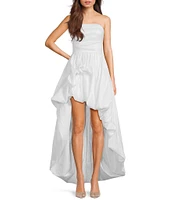 B. Darlin Taffeta Strapless Shirred Bodice Bubble Hem High-Low Dress