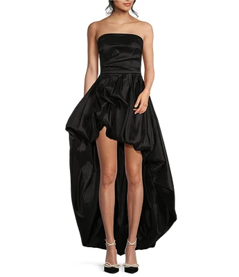 B. Darlin Taffeta Strapless Shirred Bodice Bubble Hem High-Low Dress