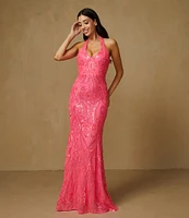 B. Darlin V-Neck Patterned Sequin Halter Dress
