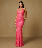 B. Darlin V-Neck Patterned Sequin Halter Dress