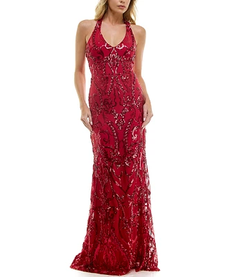 B. Darlin V-Neck Patterned Sequin Halter Dress