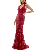 B. Darlin V-Neck Patterned Sequin Halter Dress