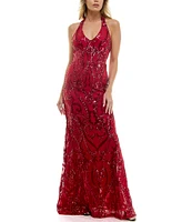 B. Darlin V-Neck Patterned Sequin Halter Dress