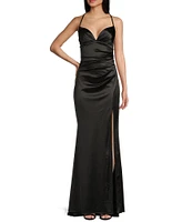 B. Darlin V-Neck Shirred Front Slit Long Satin Dress