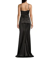 B. Darlin V-Neck Shirred Front Slit Long Satin Dress
