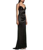 B. Darlin V-Neck Shirred Front Slit Long Satin Dress