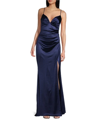 B. Darlin V-Neck Shirred Front Slit Long Satin Dress