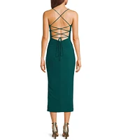 B. Darlin V-Neck Shirred Side Slit Lace-Up Back Midi Dress