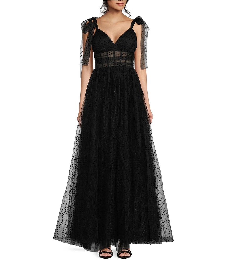 B. Darlin V-Neck Spaghetti Tie Strap Tulle Long Gown