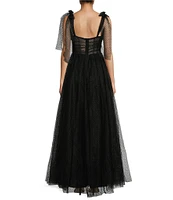 B. Darlin V-Neck Spaghetti Tie Strap Tulle Long Gown