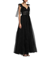 B. Darlin V-Neck Spaghetti Tie Strap Tulle Long Gown