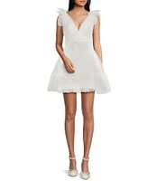 B. Darlin Wide Bow Straps V-Neckline Pearls Party Skirt Dress