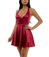 B. Darlin Wide Strap Deep V-Neck Lace Up Skater Dress