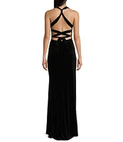 B. Darlin Wide Strap V-Neck Lace Up Back Strap Velvet Dress