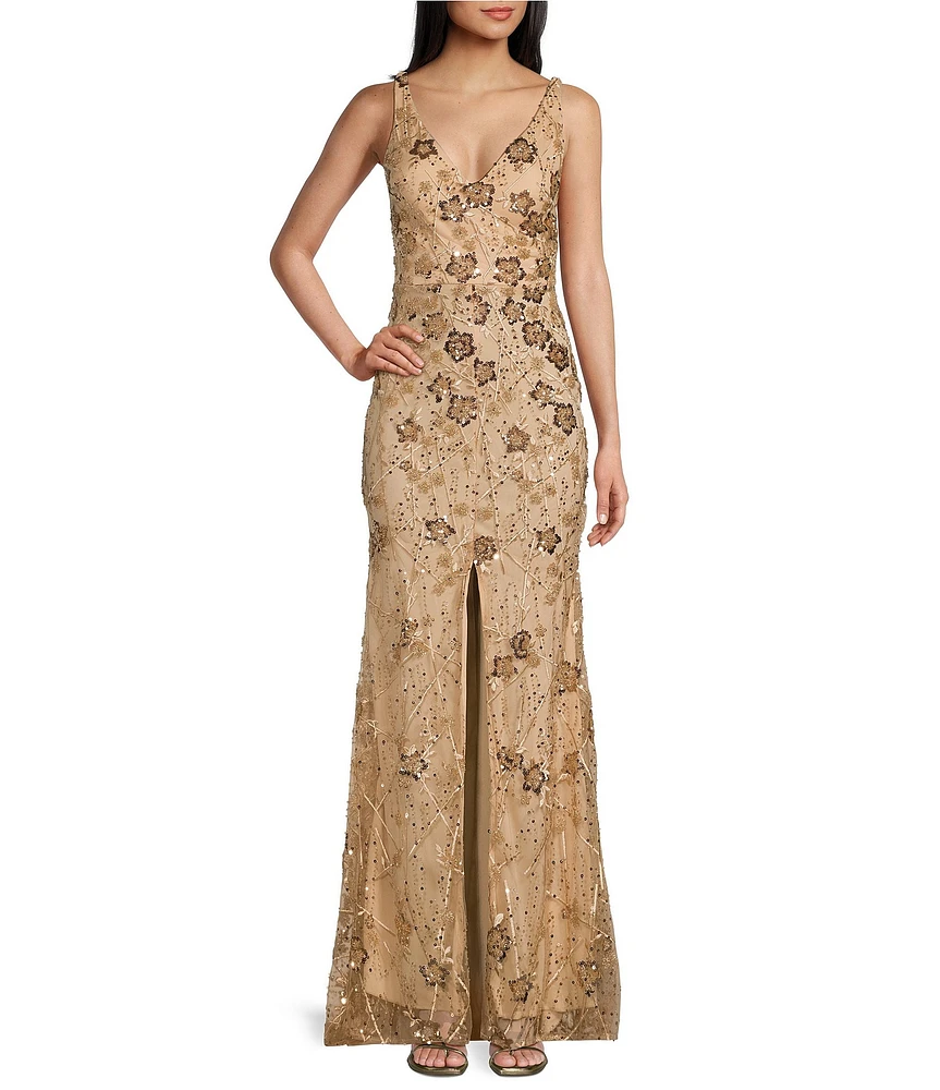 B. Darlin Wide Straps V-Neck Mesh Beaded & Sequined Long Dress