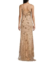 B. Darlin Wide Straps V-Neck Mesh Beaded & Sequined Long Dress