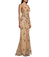 B. Darlin Wide Straps V-Neck Mesh Beaded & Sequined Long Dress