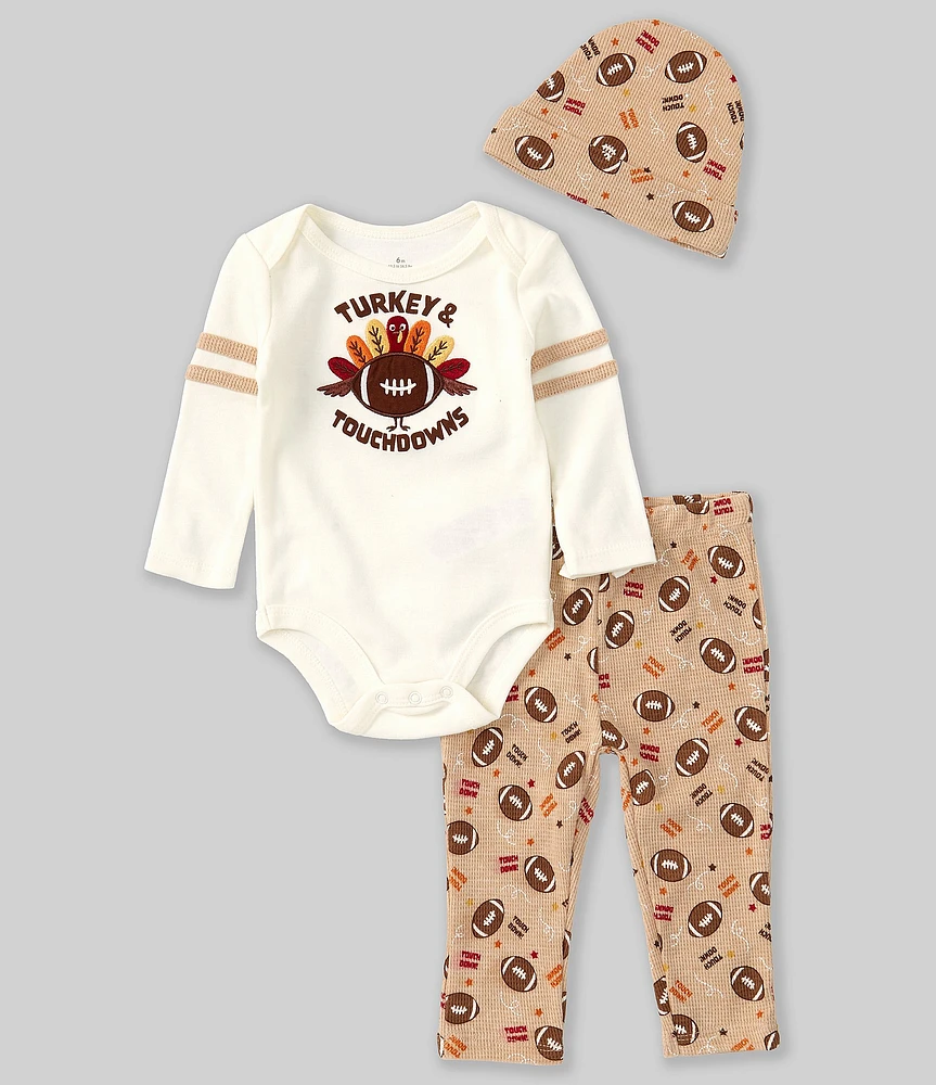 Baby Starters Baby Boys 3-9 Months Turkey Long Sleeve Touchdowns Thanksgiving Bodysuit, Football-Printed Jogger Pant & Hat Set