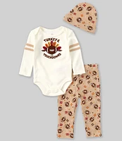 Baby Starters Baby Boys 3-9 Months Turkey Long Sleeve Touchdowns Thanksgiving Bodysuit, Football-Printed Jogger Pant & Hat Set