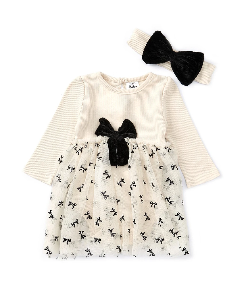 Baby Starters Baby Girls 3-24 Months Long-Sleeve Rib-Knit Bodice/Bow-Printed Tutu-Skirted Fit-And-Flare Dress