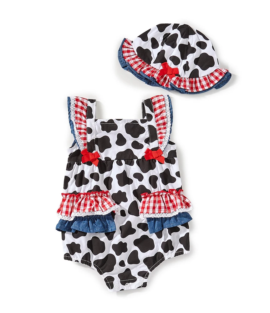Baby Starters Baby Girls 3-9 Months Cow Print Flutter Sleeve Bubble & Hat Set
