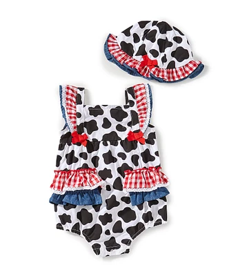 Baby Starters Baby Girls 3-9 Months Cow Print Flutter Sleeve Bubble & Hat Set