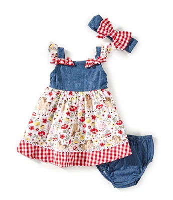 Baby Starters Baby Girls 3-9 Months Farm Print Chambray Flutter Sleeve Dress