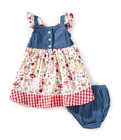 Baby Starters Baby Girls 3-9 Months Farm Print Chambray Flutter Sleeve Dress