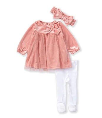 Baby Starters Baby Girls 3-9 Months Long-Sleeve Velvet-To-Mesh Empire-Waist Dress & Coordinating Footed Tights Set