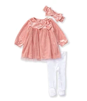 Baby Starters Baby Girls 3-9 Months Long-Sleeve Velvet-To-Mesh Empire-Waist Dress & Coordinating Footed Tights Set