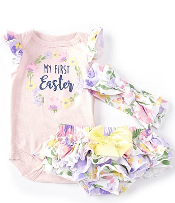 Baby Starters Baby Girls Newborn-9 Months Flutter-Sleeve My First Easter Bodysuit & Floral-Printed Panty Set