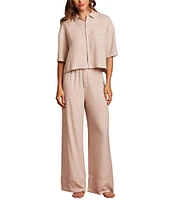 Barefoot Dreams Washed Satin Notch Collar Jacquard 3/4 Sleeve Coordinating Cropped Sleep Top