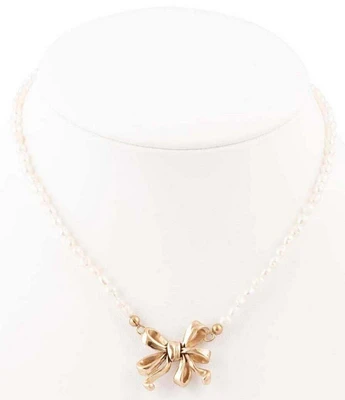 Barse Bronze & Pearl Bow Short Pendant Necklace
